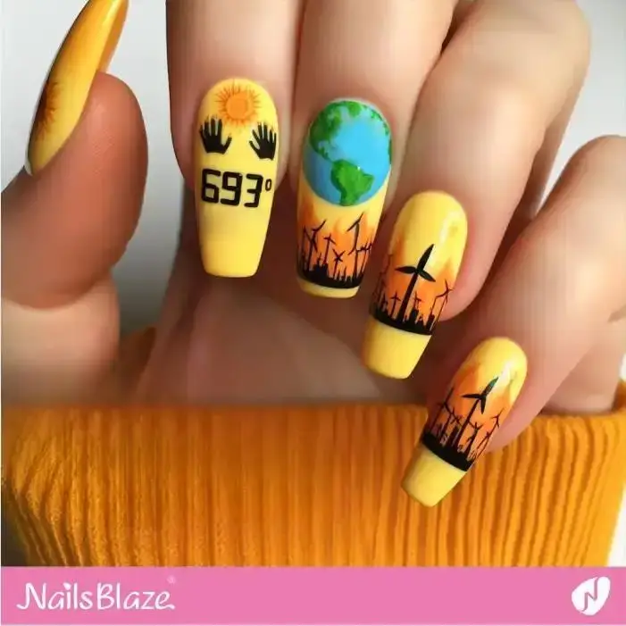 Rising Heat and Wind Turbines Nail Design | Climate Crisis Nails - NB2680